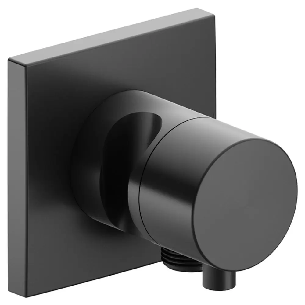 Schwarze Umstellventil von Keuco mit quadratischem Wandplateau und runder Griffvorrichtung für die Verwendung in Dusch- und Badbereichen.